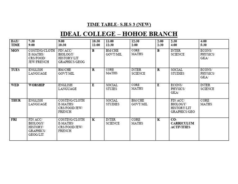 S.H.S 3 Timetable - Ideal College Hohoe | PDF