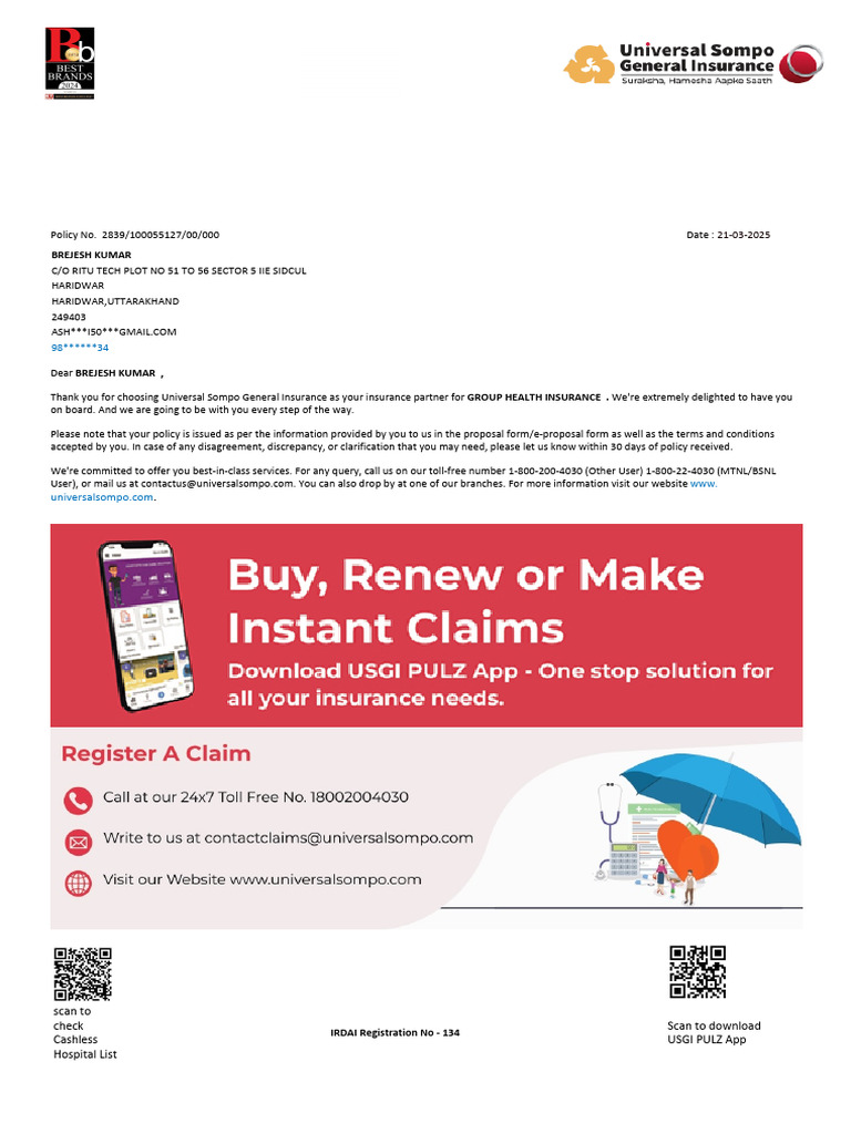 Universal Sompo Group Health Insurance Policy | PDF | Insurance