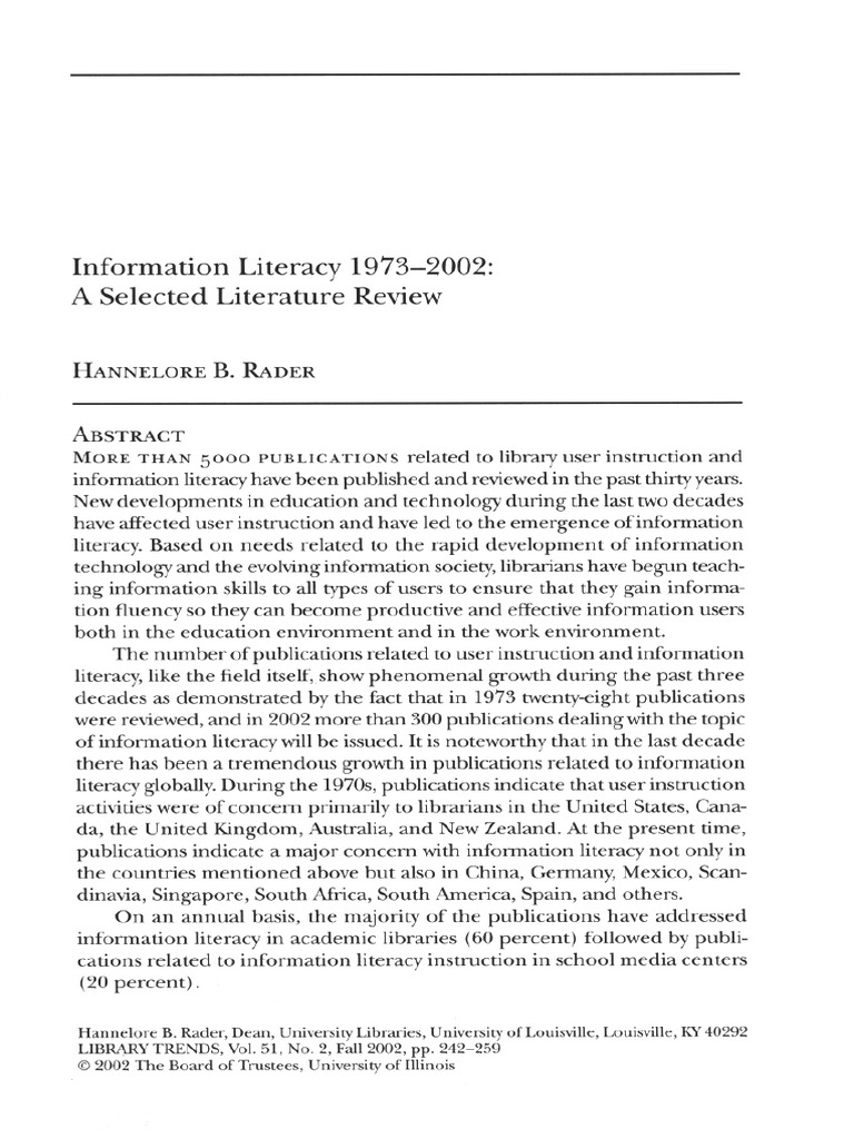 Rader 2002 Infromation Literacy Literature Review 1973 To 2002 | PDF