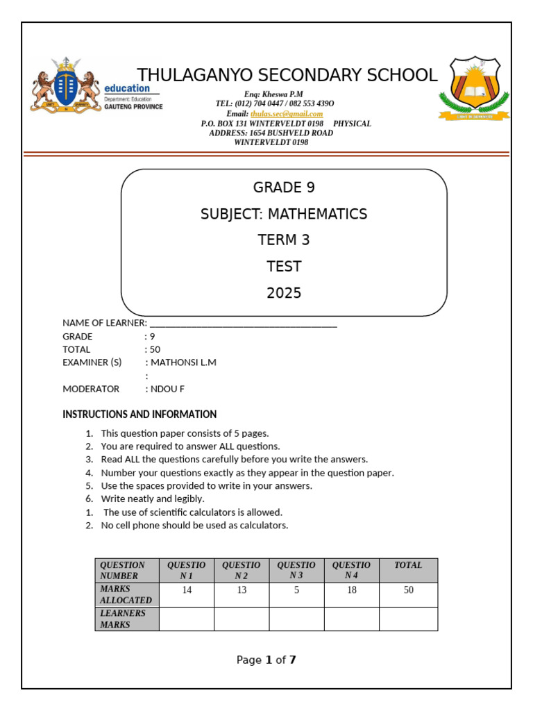 Grade 9 Mathematics Test 2025 | PDF | Mathematics