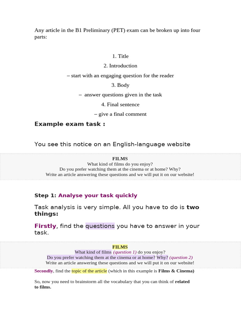 Writing Articles for B1 PET Exam | PDF | Movie Theater