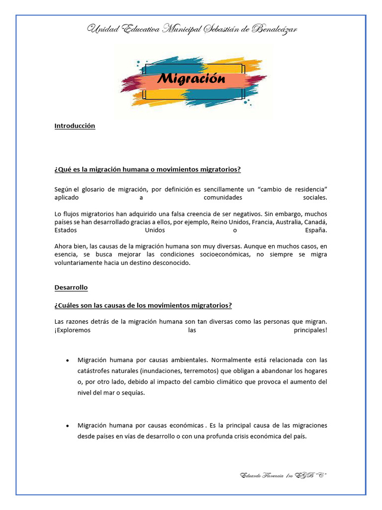 Causas y Tipos de Migración Humana | PDF | Migración humana | Entorno ...