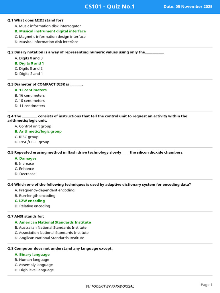 CS101 Quiz 1: Computer Basics Test | PDF