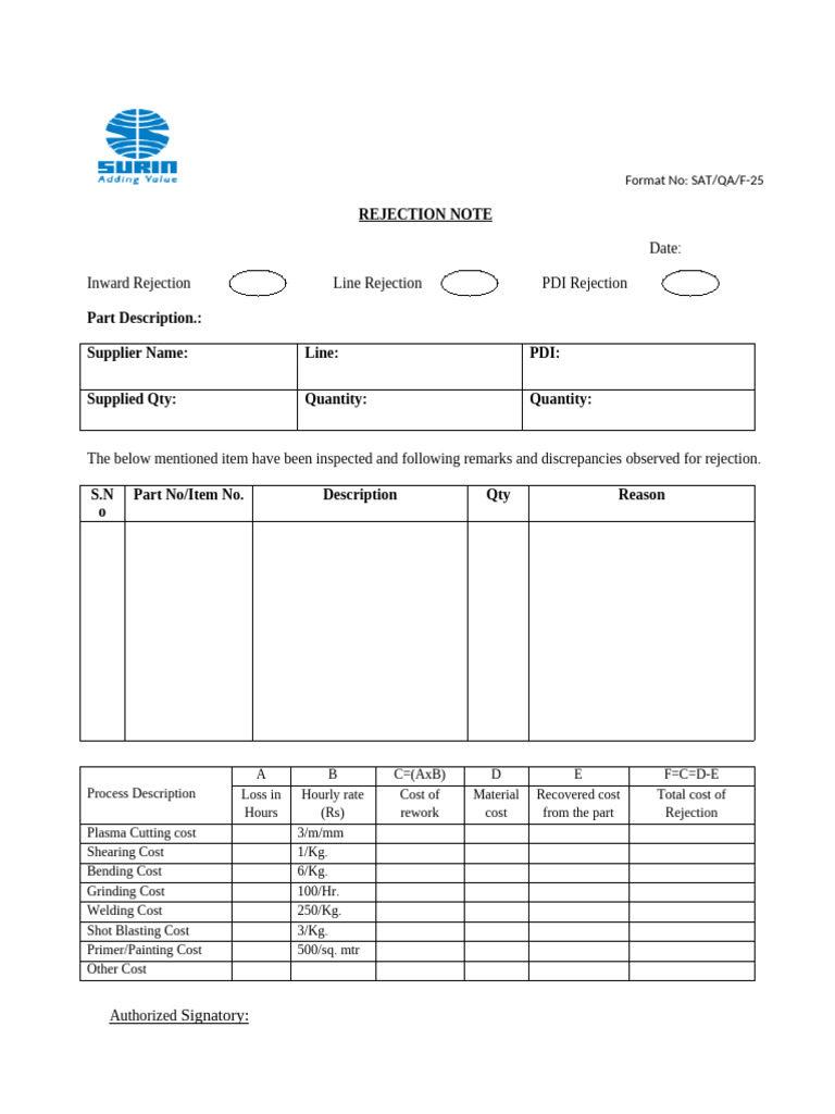 Rejection Note Template for Quality Control | PDF