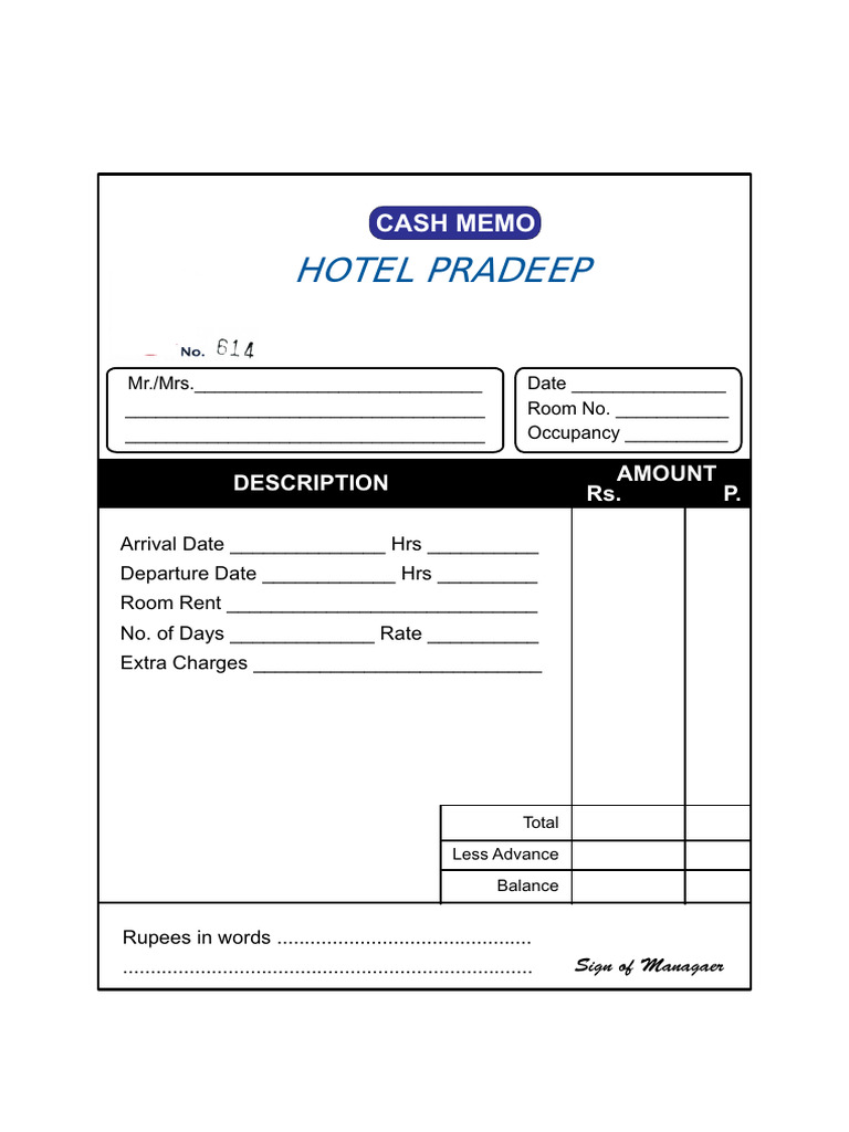 Hotel Pradeep Cash Memo Template | PDF