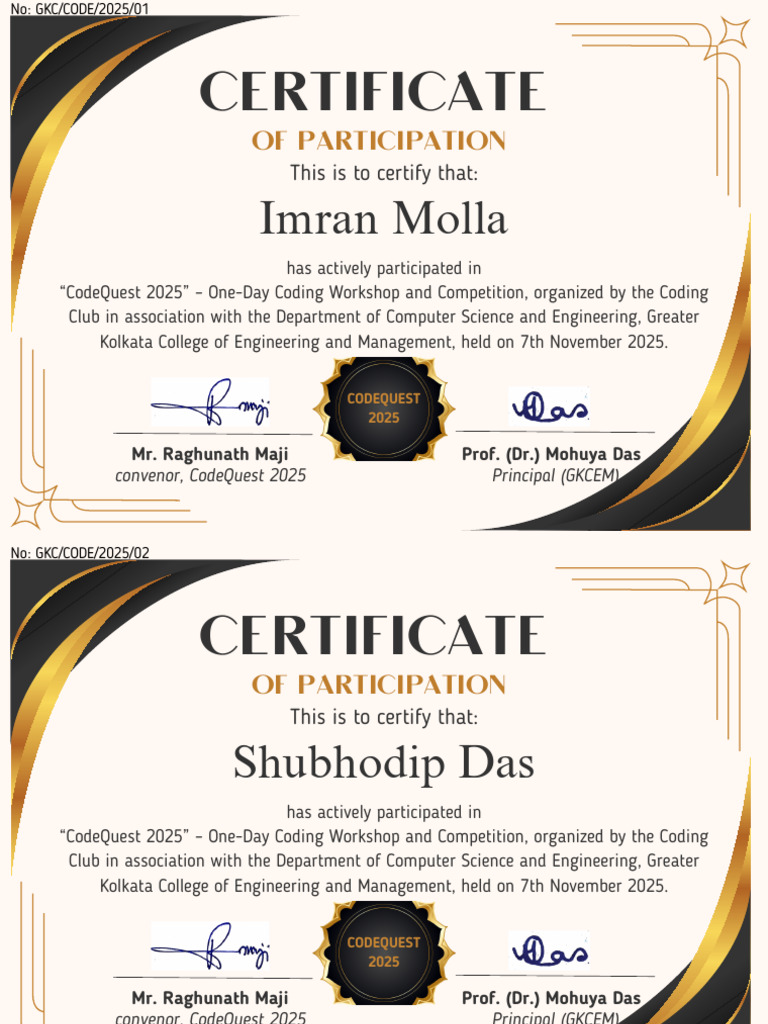 CodeQuest 2025 Participation Certificates | PDF