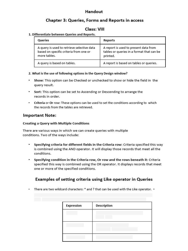 Handout-Queries Forms and Reports - 25 - 26 | PDF | Computing ...