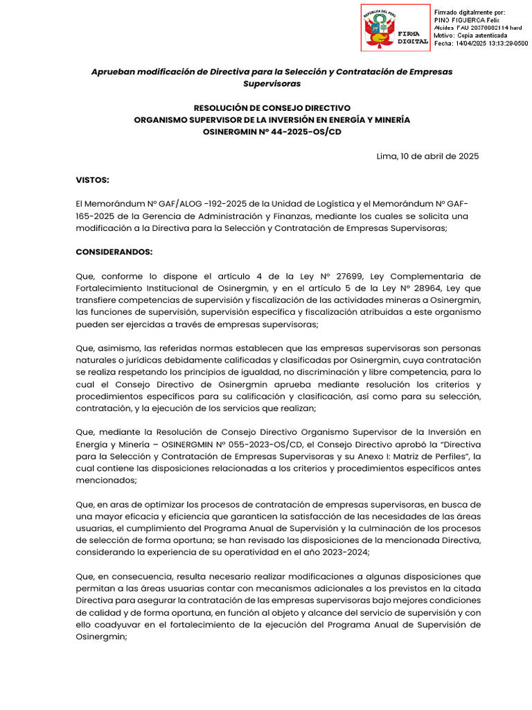 Osinergmin 044 2025 OS CD | PDF | Minería | Perú
