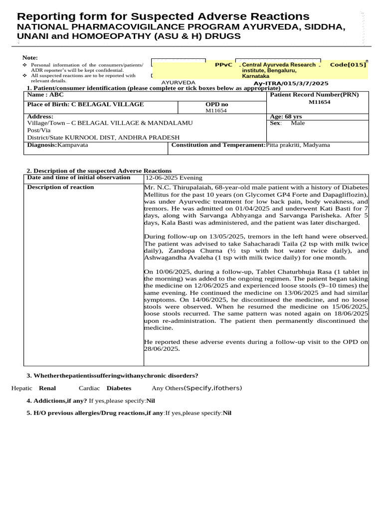 ADR Format IPvC Jamnagar 2023 | PDF | Ayurveda | Pharmacovigilance