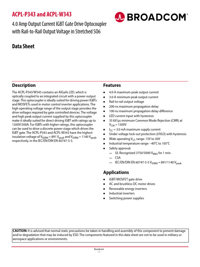 IGBT Gate Drive Optocoupler ACPL-P343/W343 | PDF | Insulator ...
