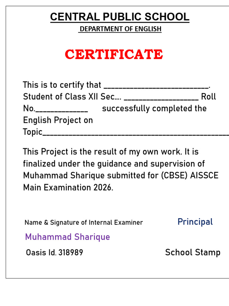 Class XII English Project Certificate | PDF