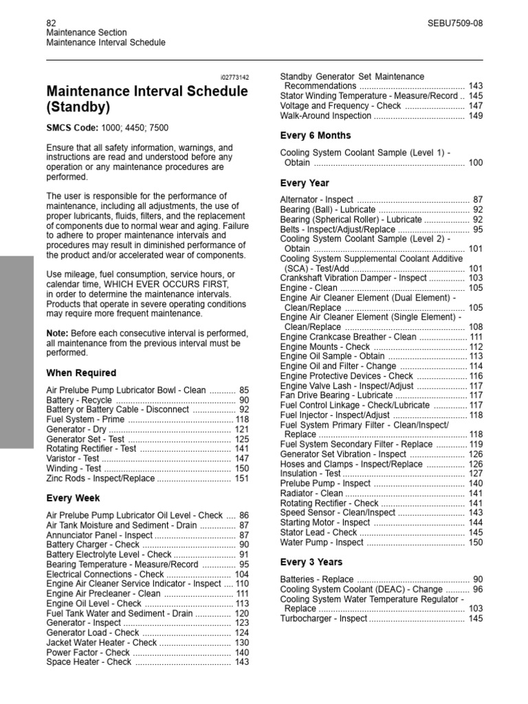 Standby Generator Maintenance Schedule | PDF | Bearing (Mechanical) | Battery Charger