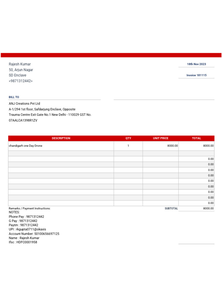 Invoice for Drone Services by Rajesh Kumar | PDF