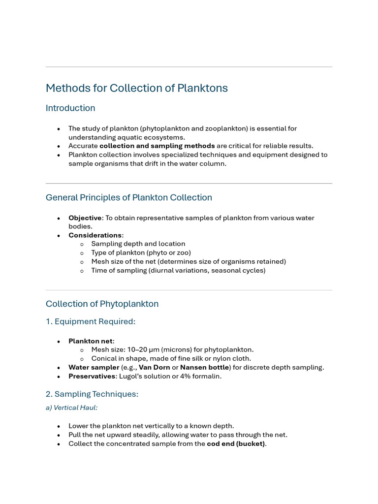 Methods For Collection of Planktons | PDF | Plankton | Phytoplankton