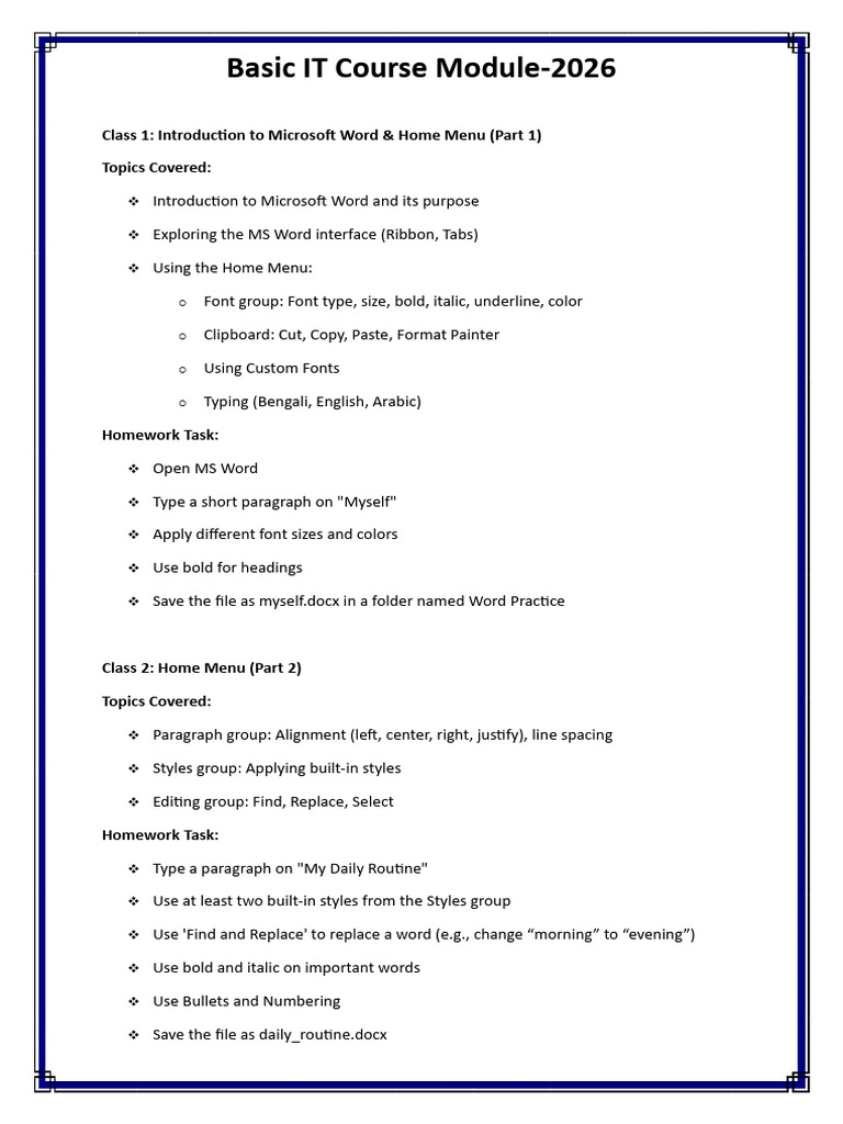 Basic IT Course Overview 2026 | PDF | Microsoft Word | Microsoft Excel
