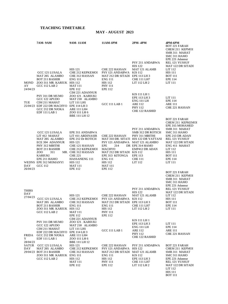 Teaching Timetable April-August 2023 PSSP | PDF | Mathematics