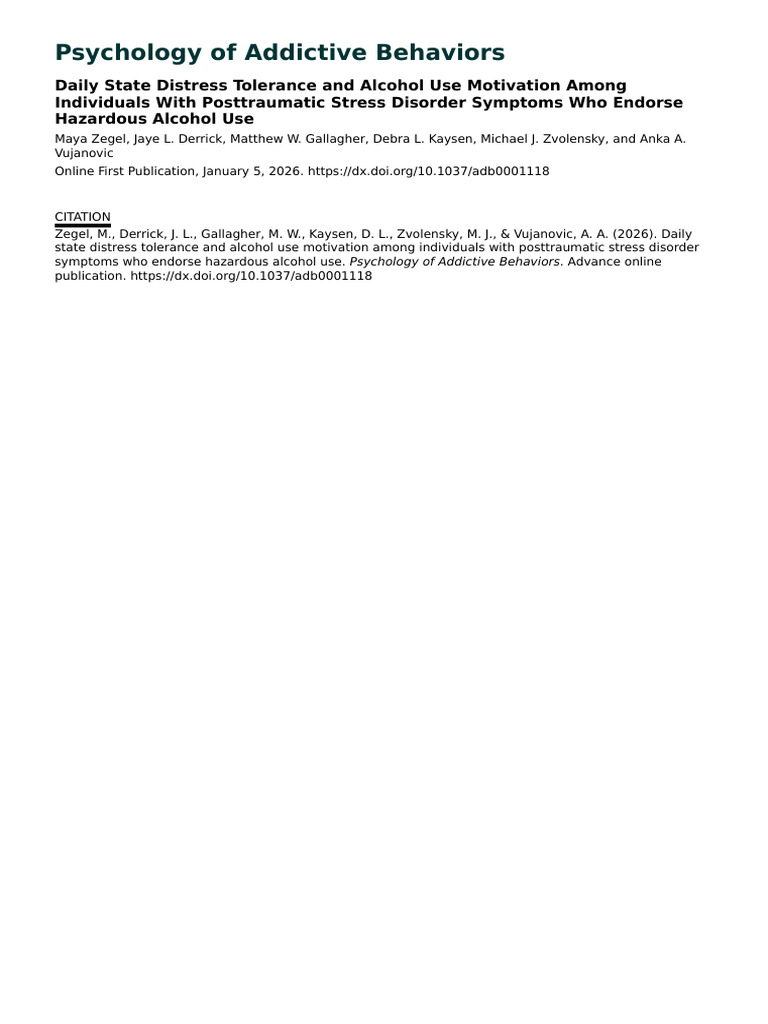 Distress Tolerance and Alcohol Use in PTSD | PDF | Psychological Trauma ...