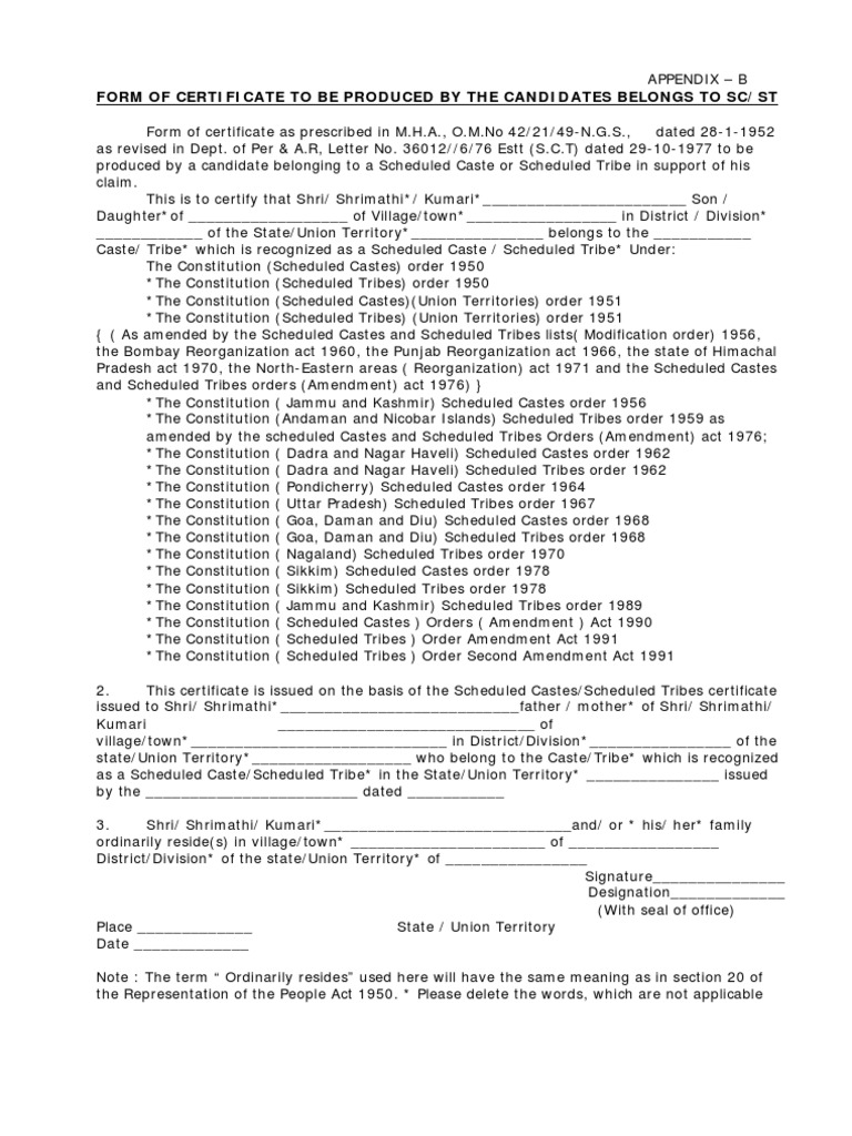 SC/ST Caste Certificate Format Guide | PDF | Government Of India ...