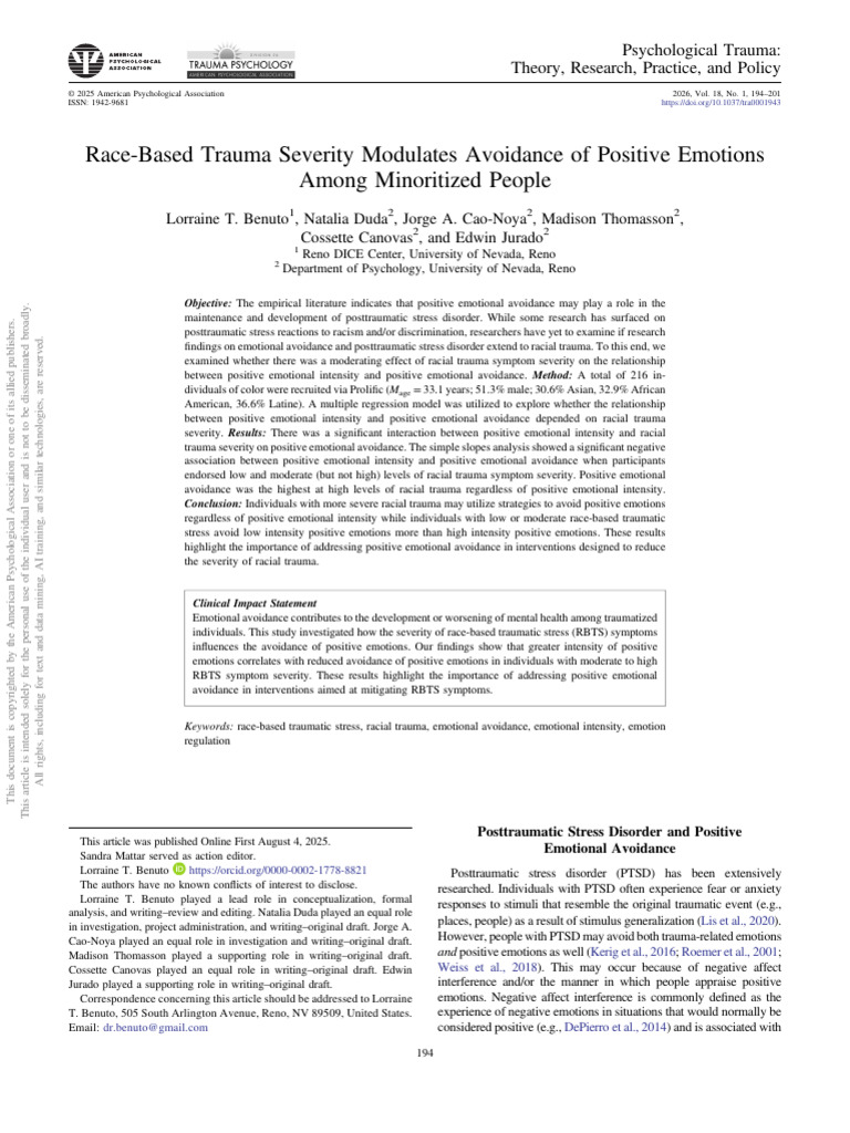 Race-Based Trauma Severity Modulates Avoidance of Positive Emotions ...