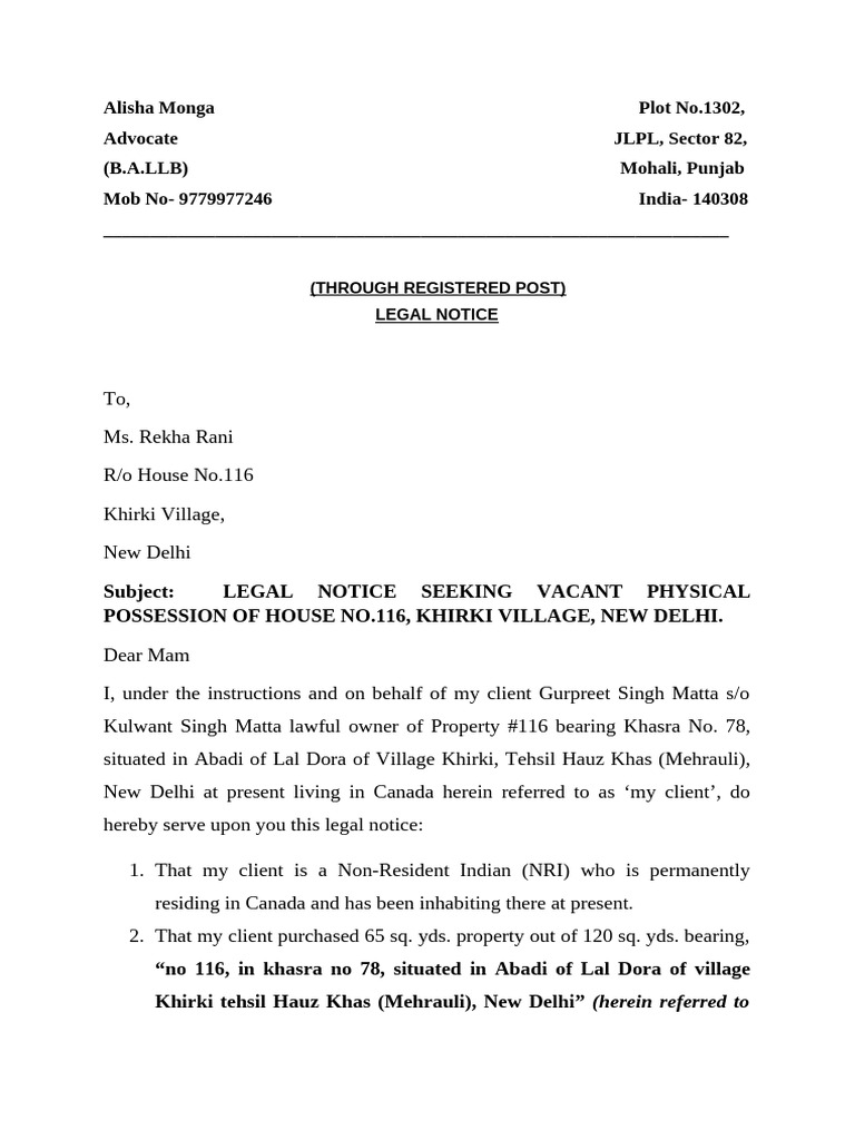 Legal Notice for Property Possession | PDF | Natural Resources Law ...