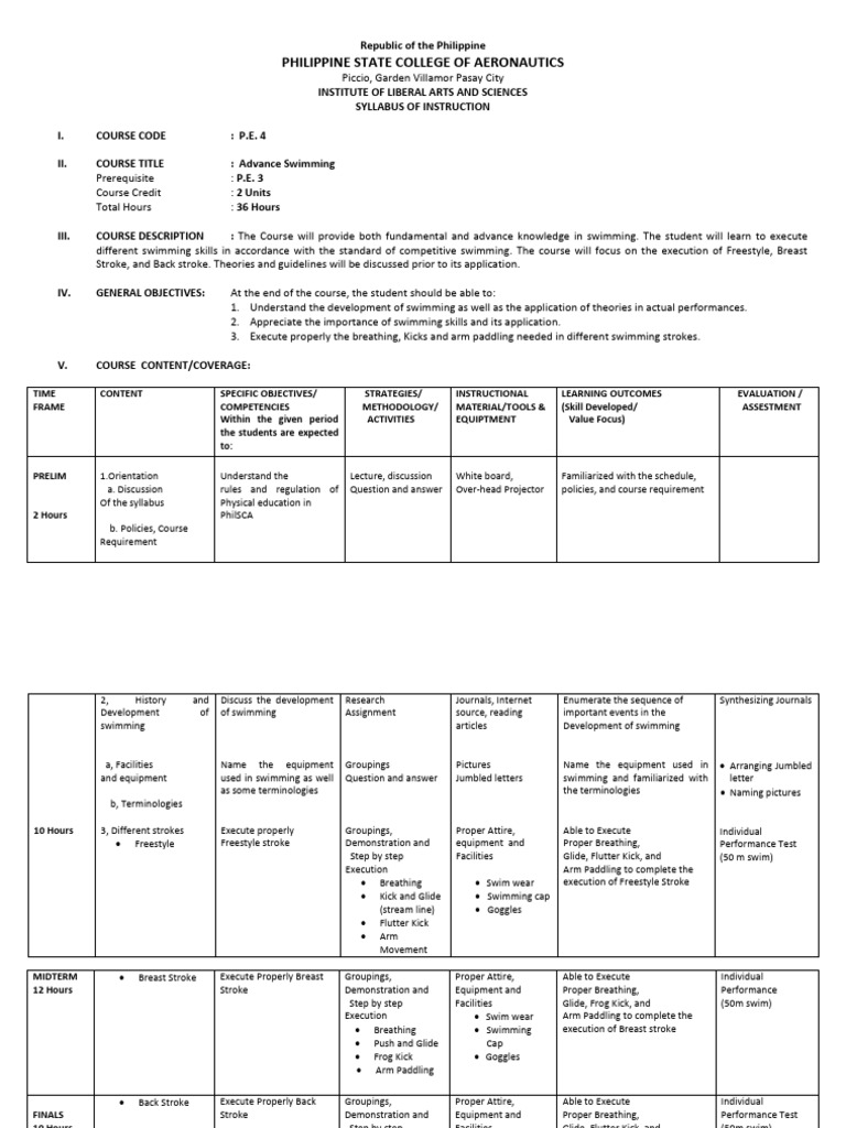 Advanced Swimming Course Syllabus | PDF | Physical Education | Swimming