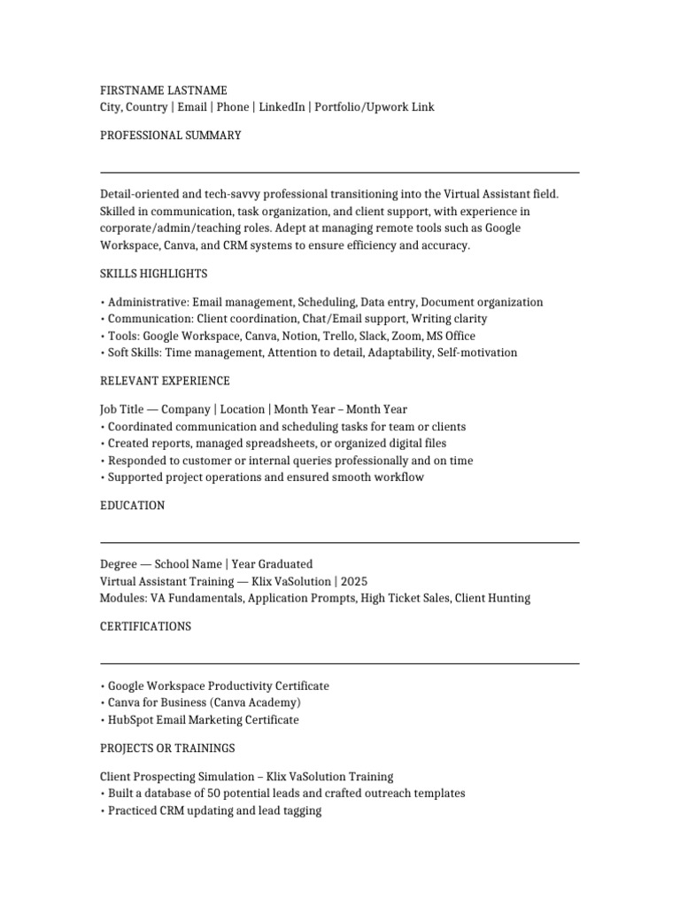 Virtual Assistant Skills & Experience Overview | PDF