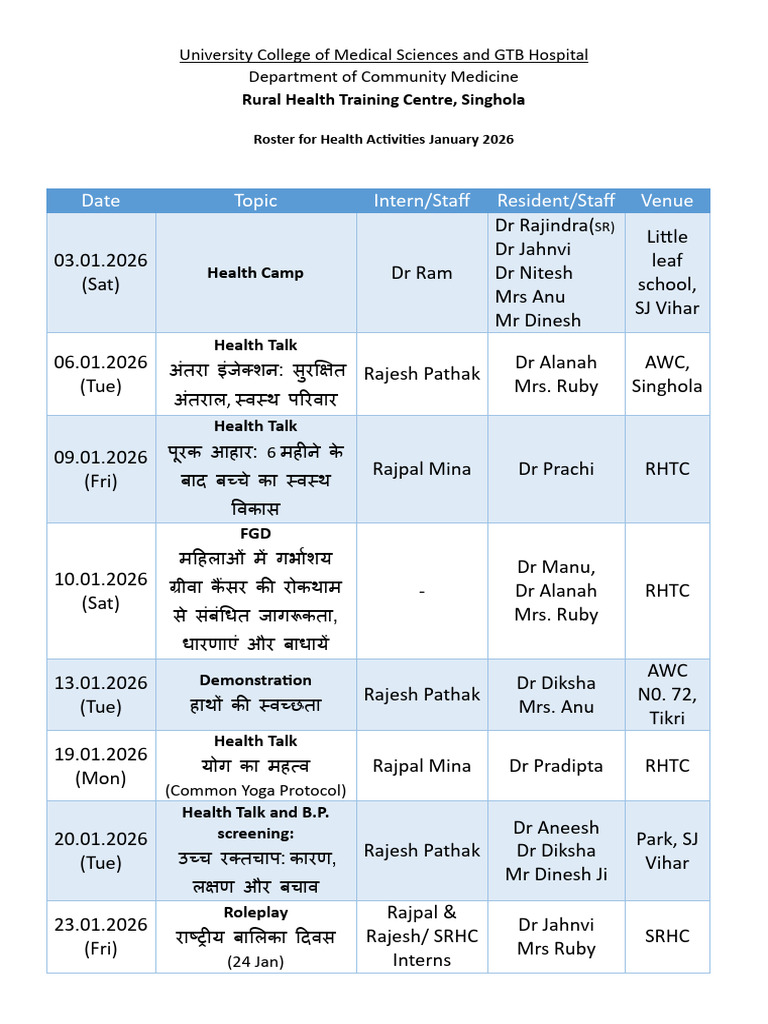 January 2026 Health Activities Roster | PDF