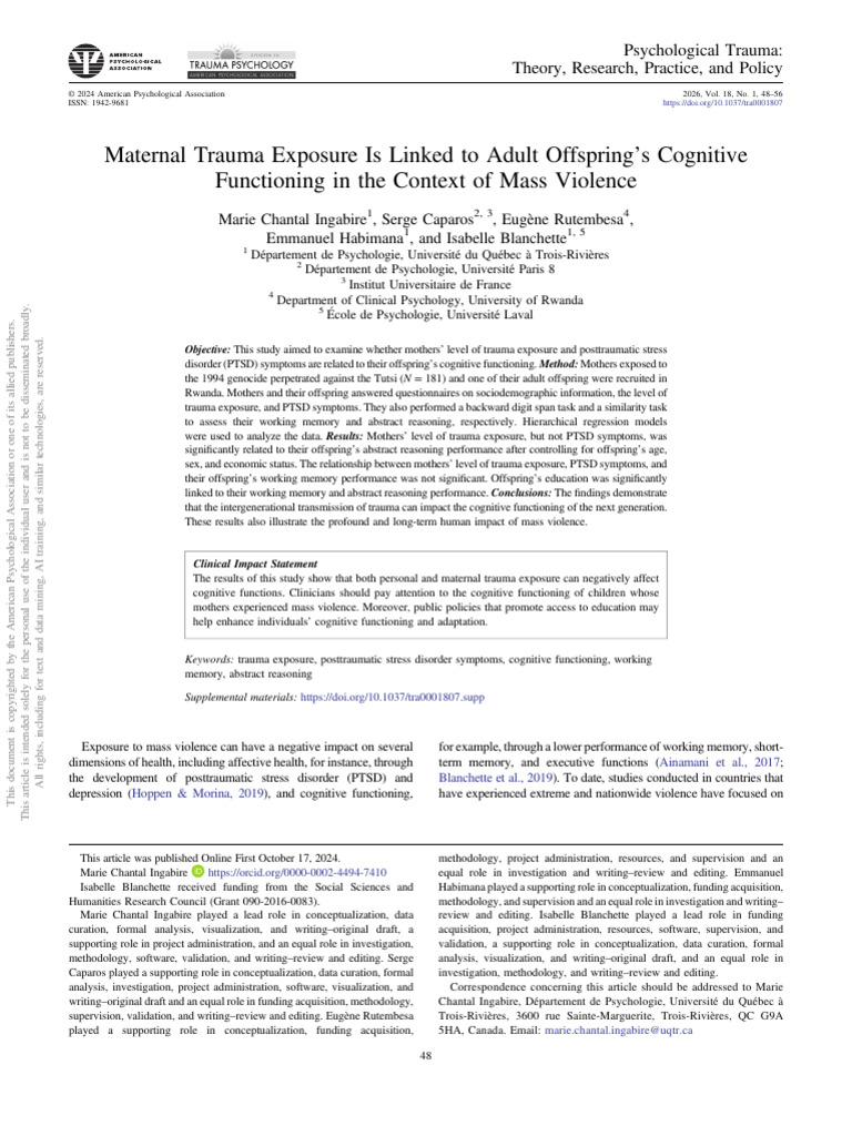 Maternal Trauma and Offspring Cognition | PDF | Psychological Trauma ...