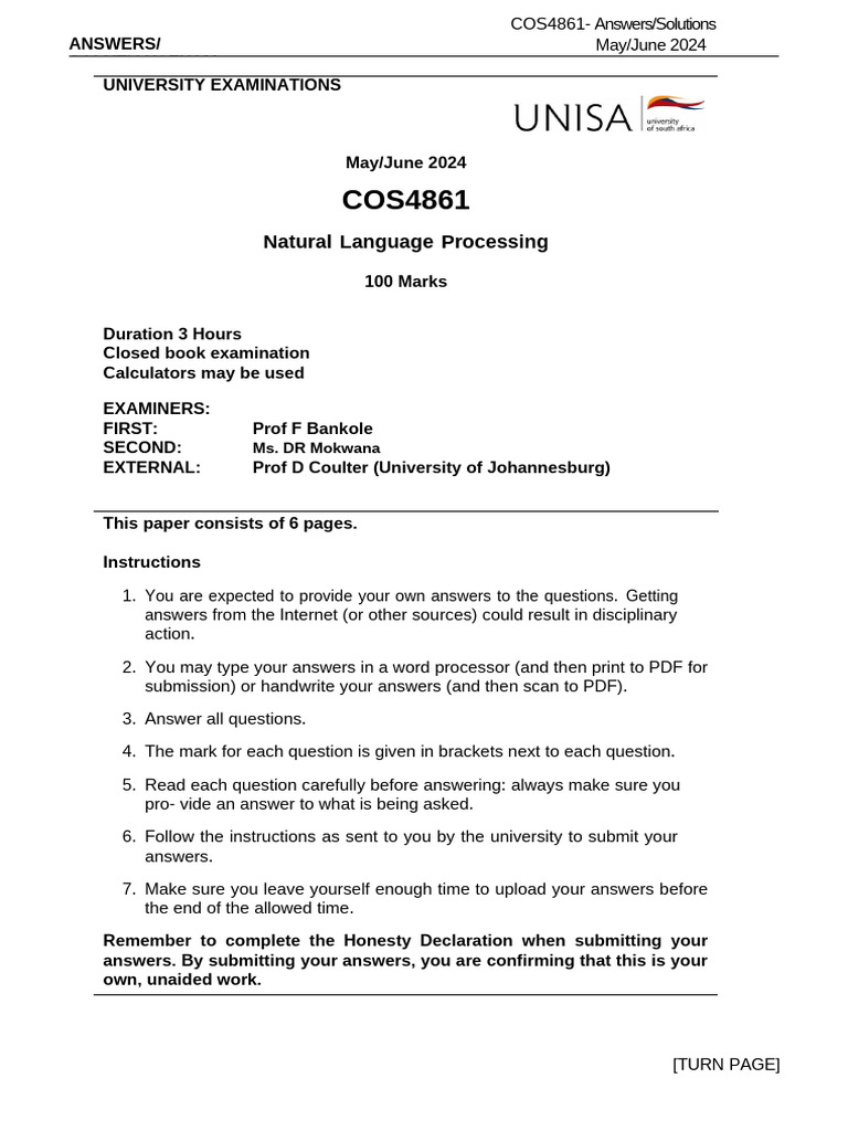 COS4861 NLP Exam Solutions 2024 | PDF | Regular Expression | Applied ...