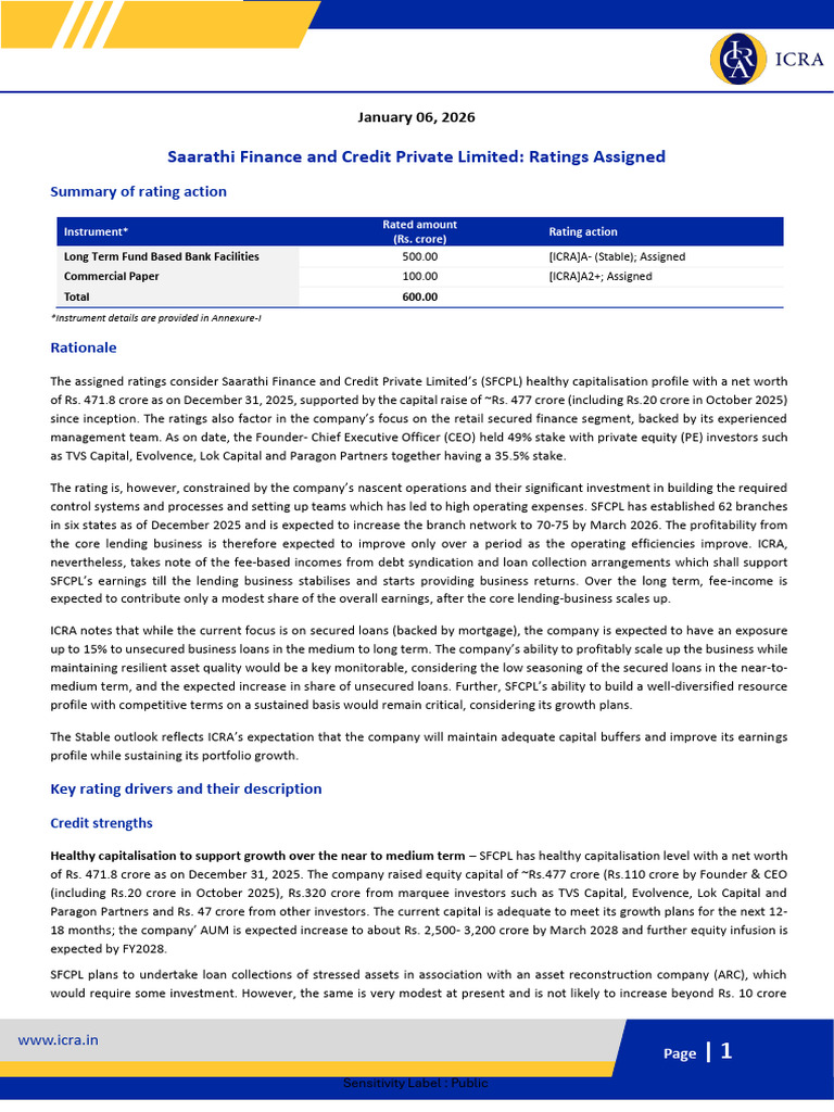 SFCPL Ratings Assigned: ICRA Analysis | PDF | Loans | Equity (Finance)