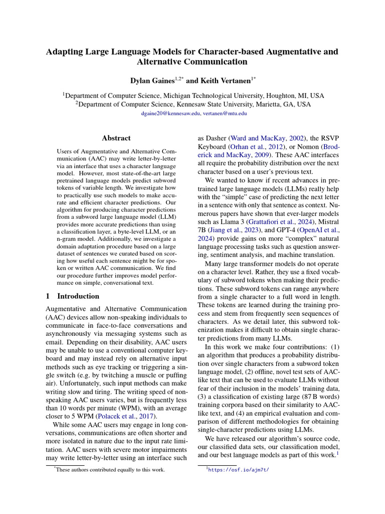 Character Predictions for AAC Using LLMs | PDF | Computing