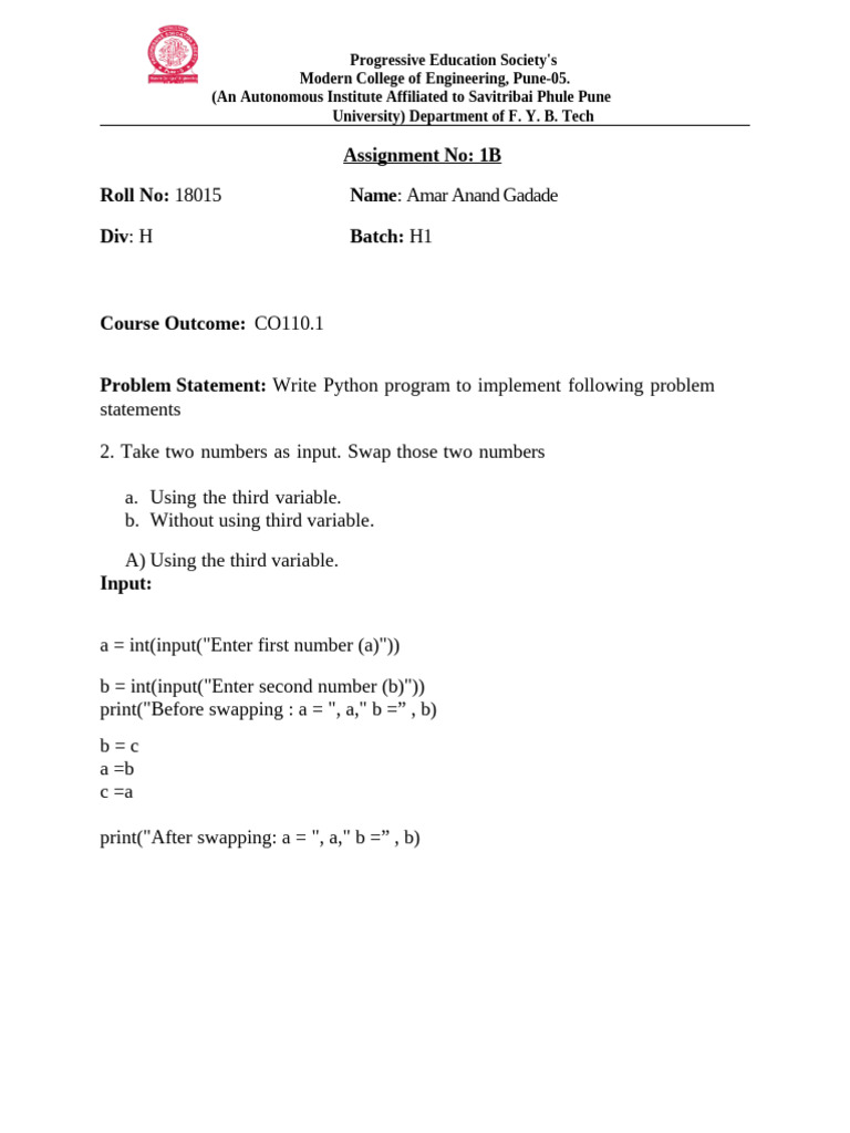 Assignment No: 1B Roll No: Name Div Batch | PDF