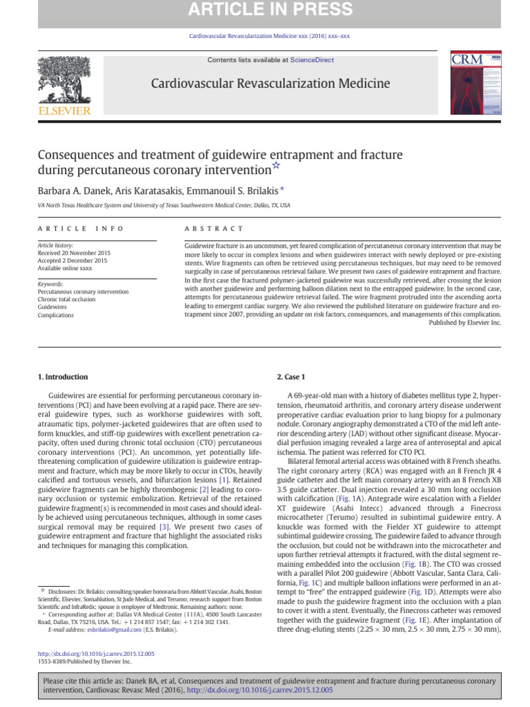 Guidewire Entrapment in PCI: Risks & Treatment | PDF | Percutaneous ...