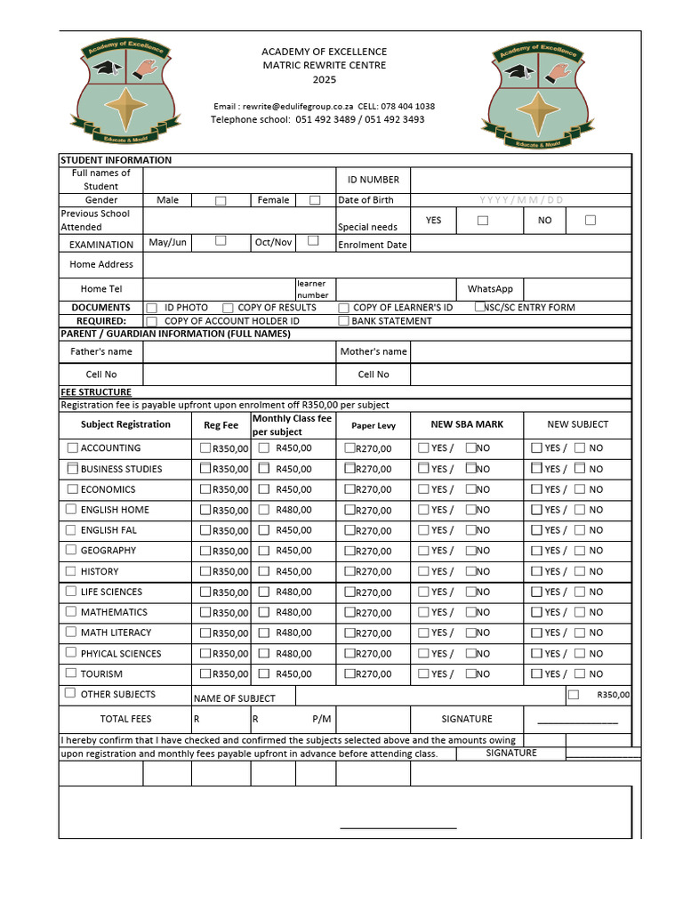 Matric Rewrite Centre Registration Form | PDF