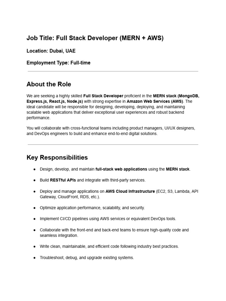 Job Title - Full Stack Developer (MERN + AWS) | PDF | Amazon Web ...