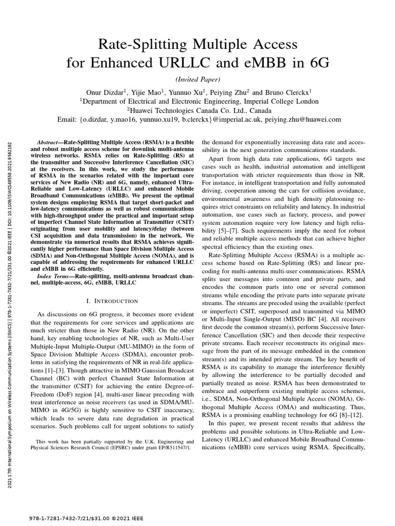 RSMA for Enhanced URLLC and eMBB in 6G | PDF | Mimo | Electronics