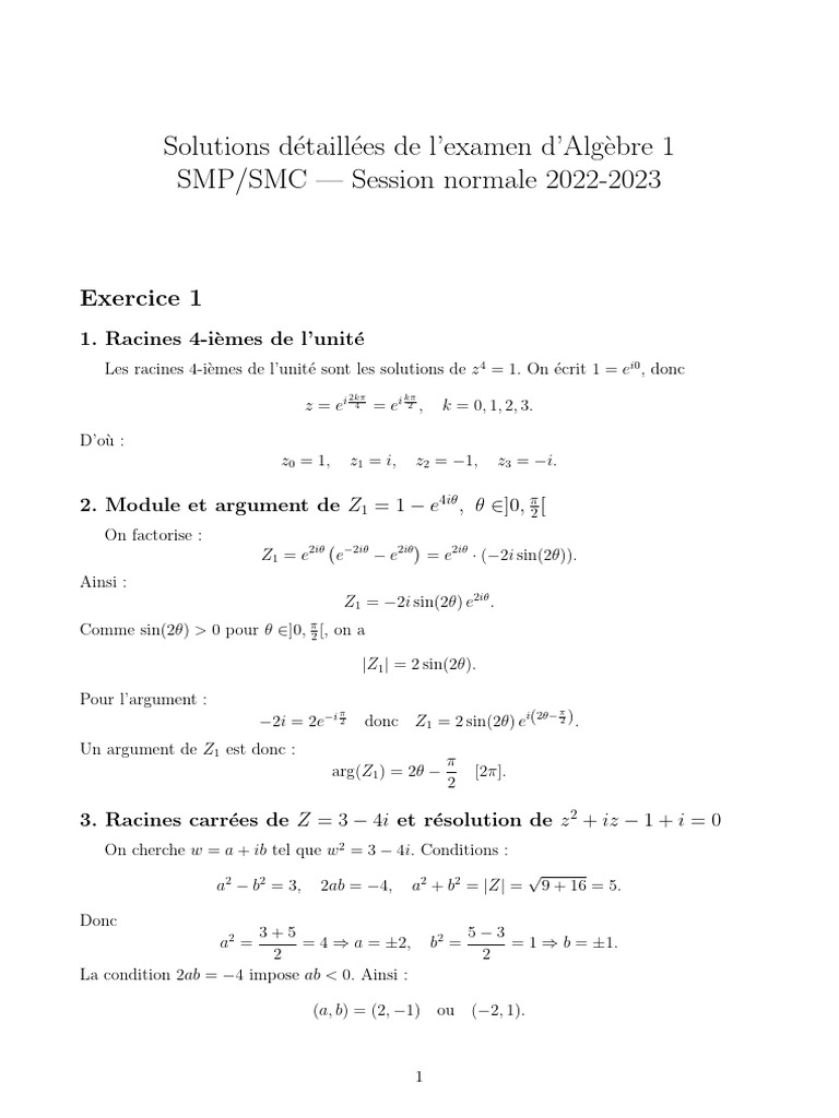 Solutions Examen Algèbre 1 2022-2023 | PDF | Mathématiques | Algèbre