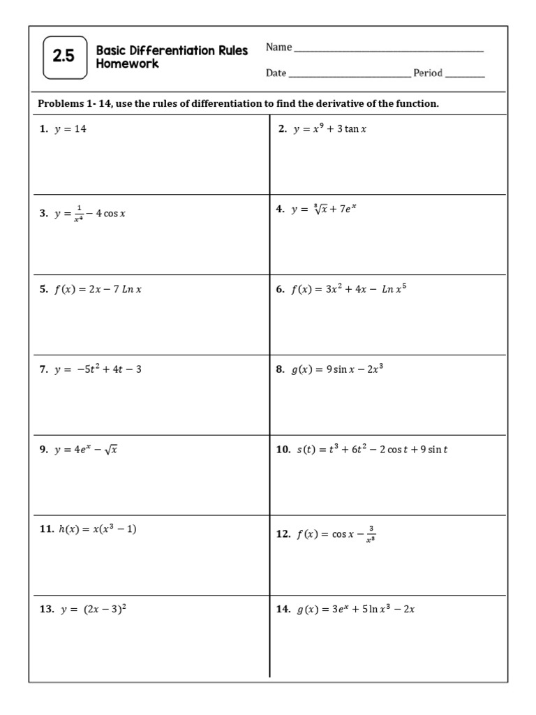 Basic Differentiation Rules Homework | PDF | Trigonometric Functions ...