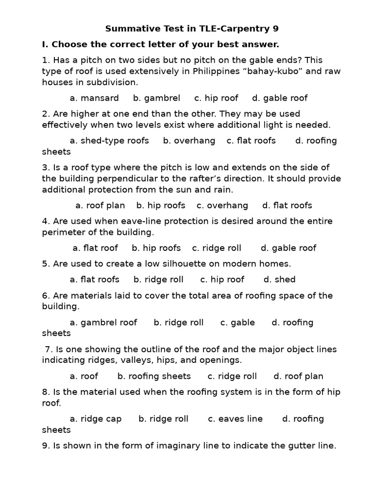 Q-4-Summative Test in TLE-Carpentry 9 | PDF | Roof | Truss