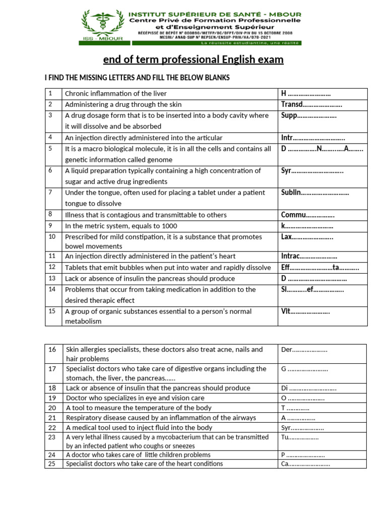 End of Term Professional English Exam | PDF | Cough | Pancreas