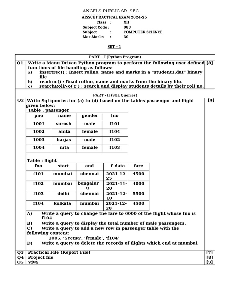 AISSCE 2024-25 Computer Science Exam | PDF | Sql | Software Engineering