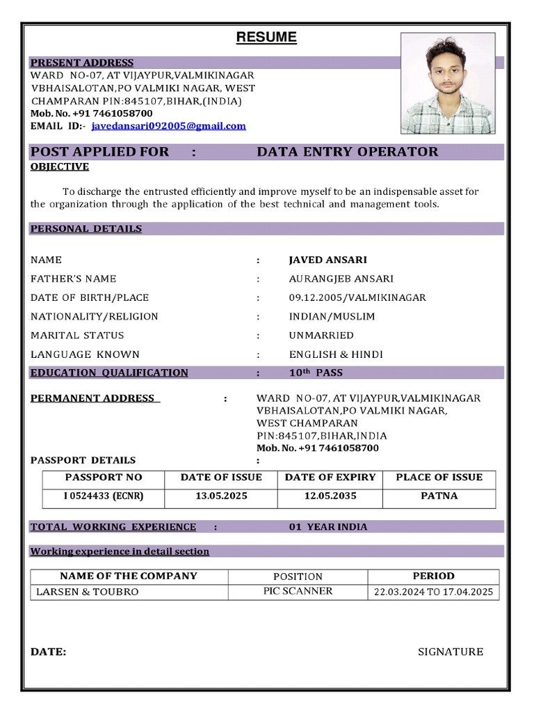 Javed Ansari Data Entry Operator | PDF