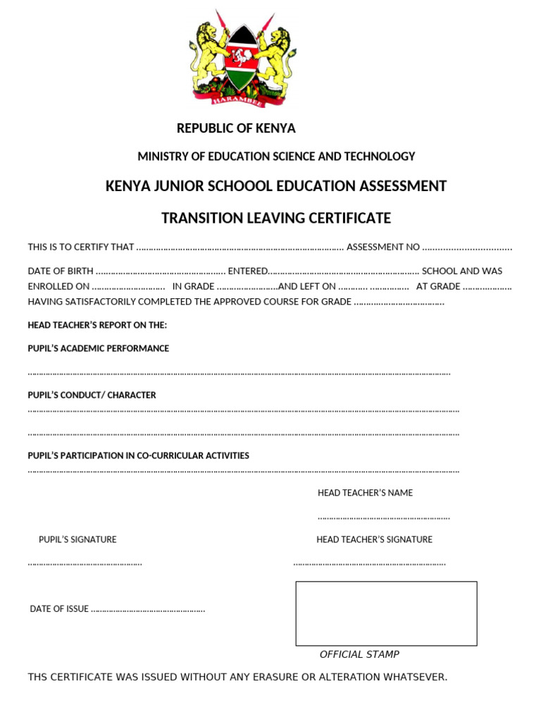 Kenya Junior School Leaving Certificate | PDF