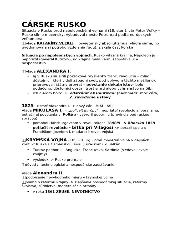 Cárske Rusko A Vo Víre Revol. - Poznámky | PDF