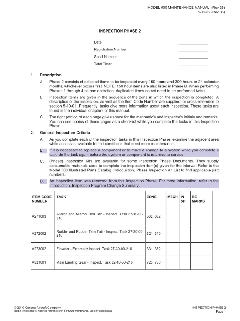 Model 500 Phase 2 Inspection Manual | PDF | Landing Gear | Aileron