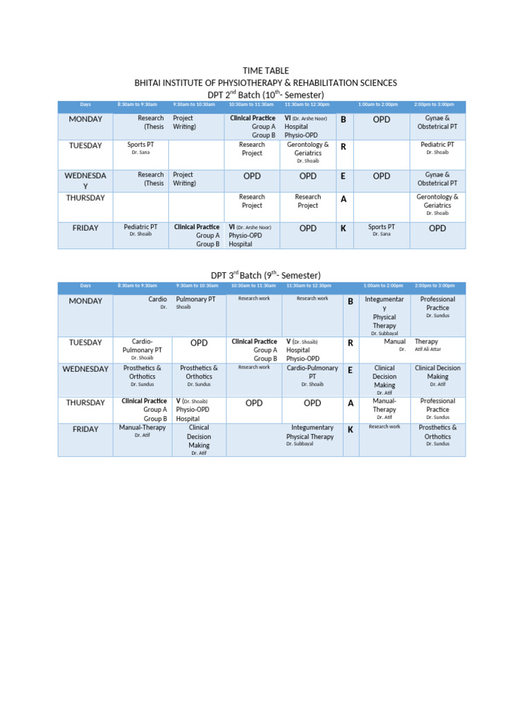Time Table | PDF | Physical Therapy | Academic Degree