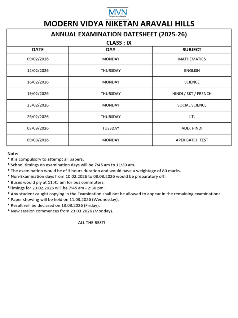 Class IX Annual Exam Datesheet 2025-26 | PDF