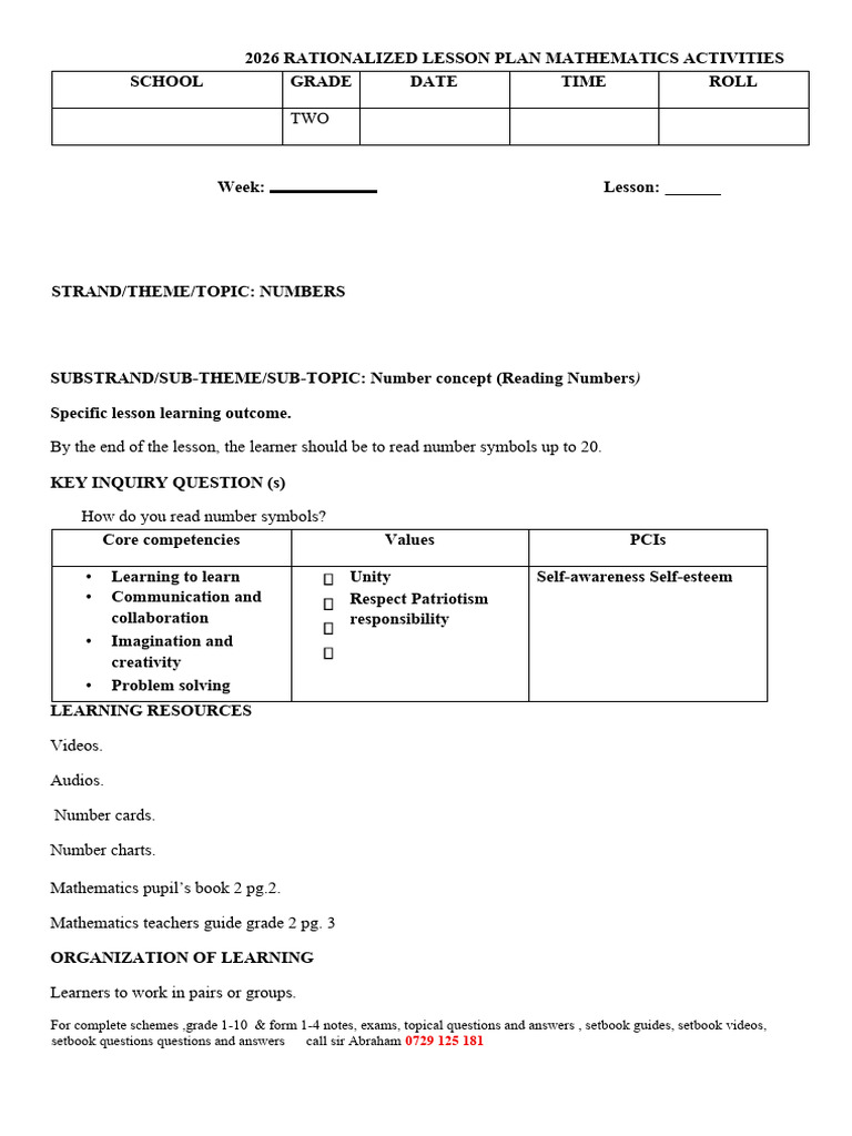 2026 Mathematics Lesson Plans for Grade 2 | PDF | Learning | Lesson Plan