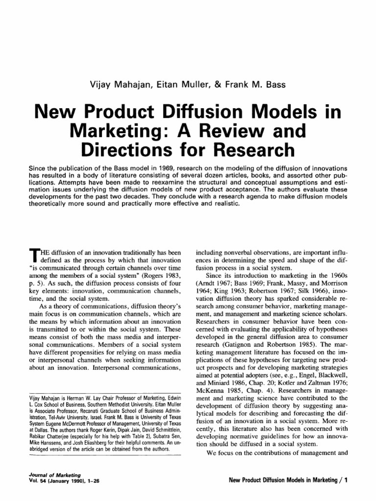 Mahajan Et Al 1990 New Product Diffusion Models in Marketing a Review ...