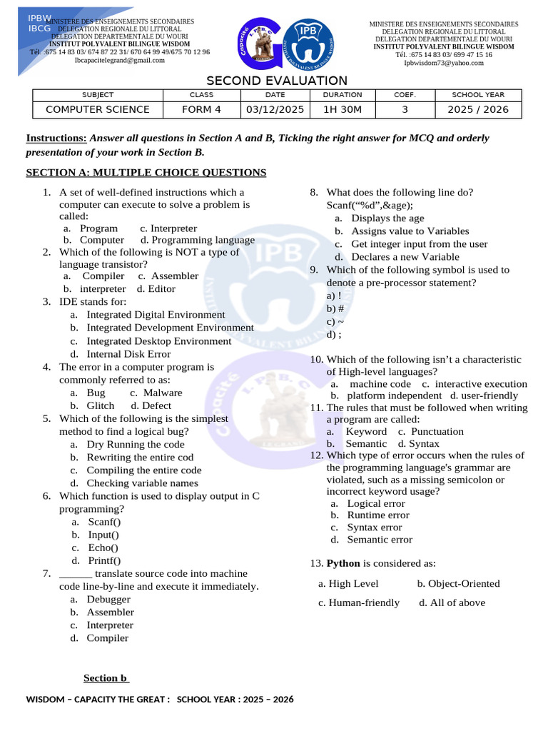 Computer Science Evaluation Form 4 | PDF | Programming Language ...